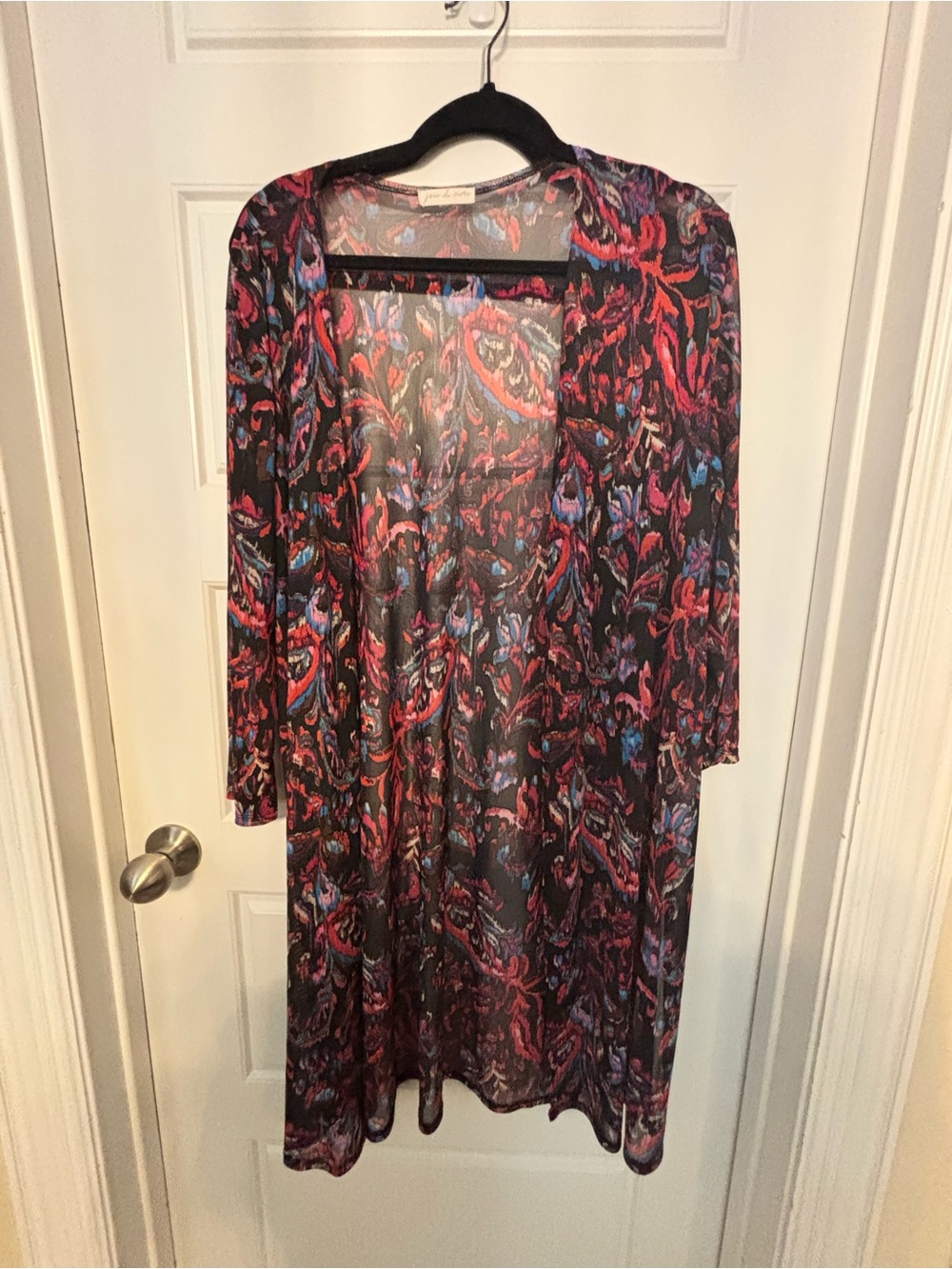 Colorful Paisley Open Duster Cardigan - Black with wine colors fits up to XL